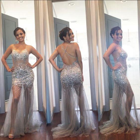 Spaghetti Cross Back Sexy See Through Silver Tulle Rhinestone Beaded Long Prom Dresses, PD0574