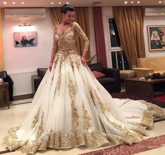 Long Sleeve V-neck Gold Lace Ball Gown White Organza Gorgeous Prom Wed SofieBridal Long Sleeve V-neck Gold Lace Ball Gown White Organza Gorgeous Prom Wed SofieBridal