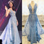 Blue Appliques Rhinestone Long Sheath Tulle Lace Prom Dresses, PD0521