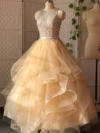 Simple Scoop Neck A-line Tulle Sequin Long Prom Dresses Online,SFPD0107