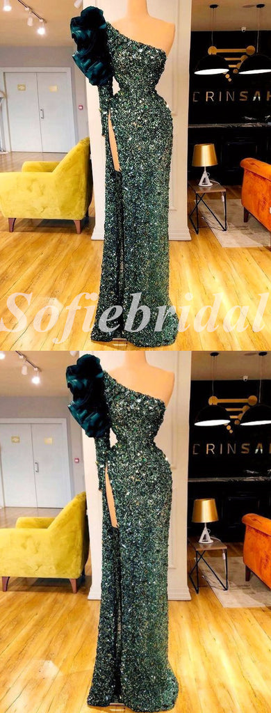 Sexy Shiny Sequin One Shoulder Long Sleeve Side Slit Mermaid Long prom Dresses,SFPD0717