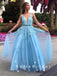A-Line V-Neck Sleeveless Blue Lace Tulle Long Prom Dresses With Beading,SFPD0027