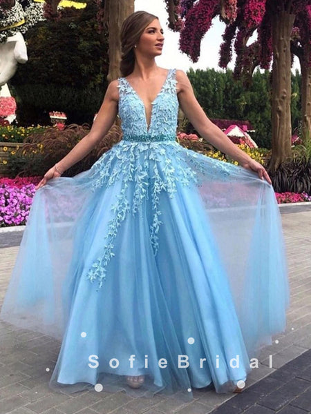 A-Line V-Neck Sleeveless Blue Lace Tulle Long Prom Dresses With Beading,SFPD0027 A-Line V-Neck Sleeveless Blue Lace Tulle Long Prom Dresses With Beading,SFPD0027