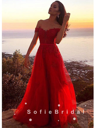 A-Line Off The Shoulder Red Tulle Floor Length Prom Dresses With Lace,SFPD0028