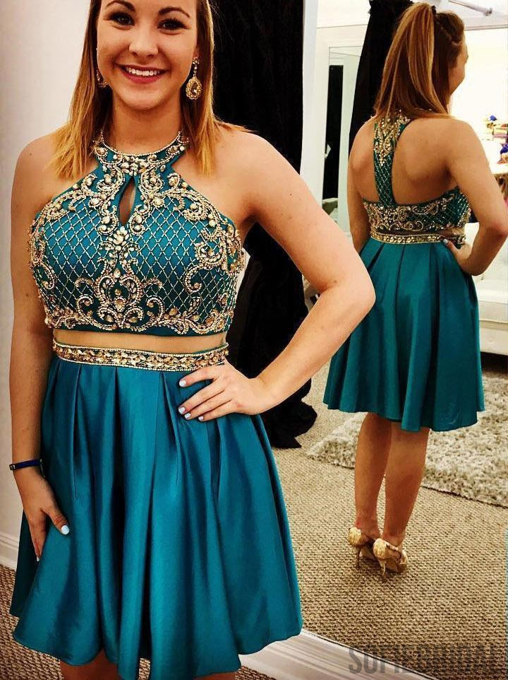 Teal  Cheap Cute Short Two Piece Homecoming Dresses Under 2018, CM463