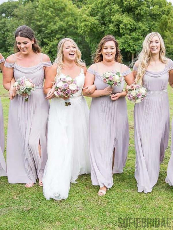 A-Line Off-shoulder Split Lavender Bridesmaid Dresses With Pleats, BD1 SofieBridal A-Line Off-shoulder Split Lavender Bridesmaid Dresses With Pleats, BD1 SofieBridal