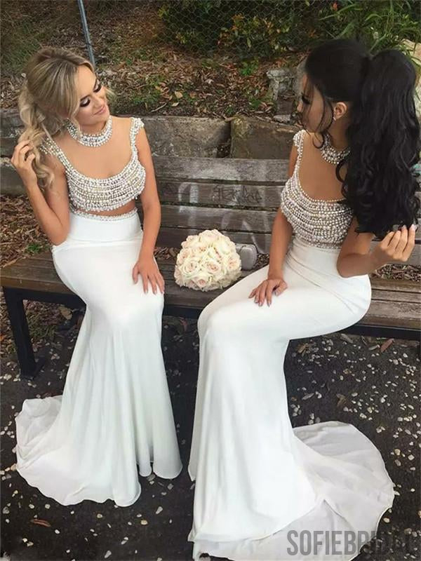 Two-pieces Round Neck Beading Top Long Mermaid Bridesmaid Dresses, BD1054