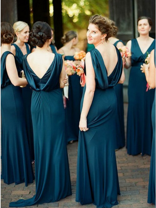 A-Line V-Neck Backless Navy Blue Cheap Bridesmaid Dress, BD1008