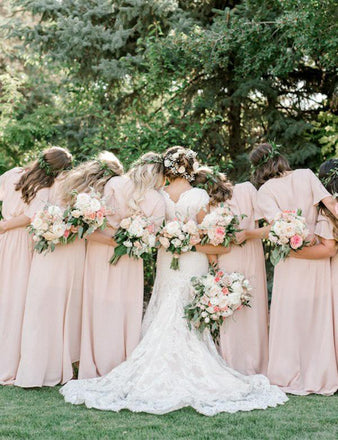 Popular V-neck Half Sleeves Light Pink Bridesmaid Dress, BD1005