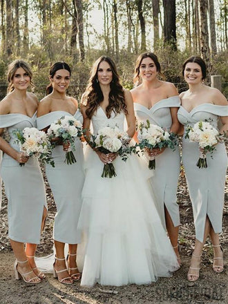 Off-shoulder V-neck Simple Short Bridesmaid Dress With Split, BD1002