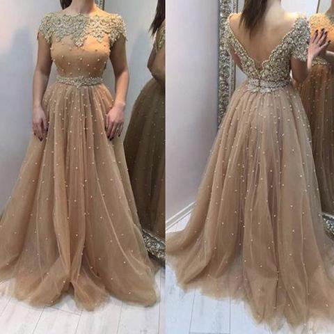 Scoop Neckline Long A-line V-back Lace Beaded Tulle Prom Dresses, PD0558