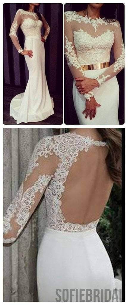 Popular Round Neck White Lace Jersey Long Sleeve Mermaid Prom Dresses with Gold Belt, PD0548