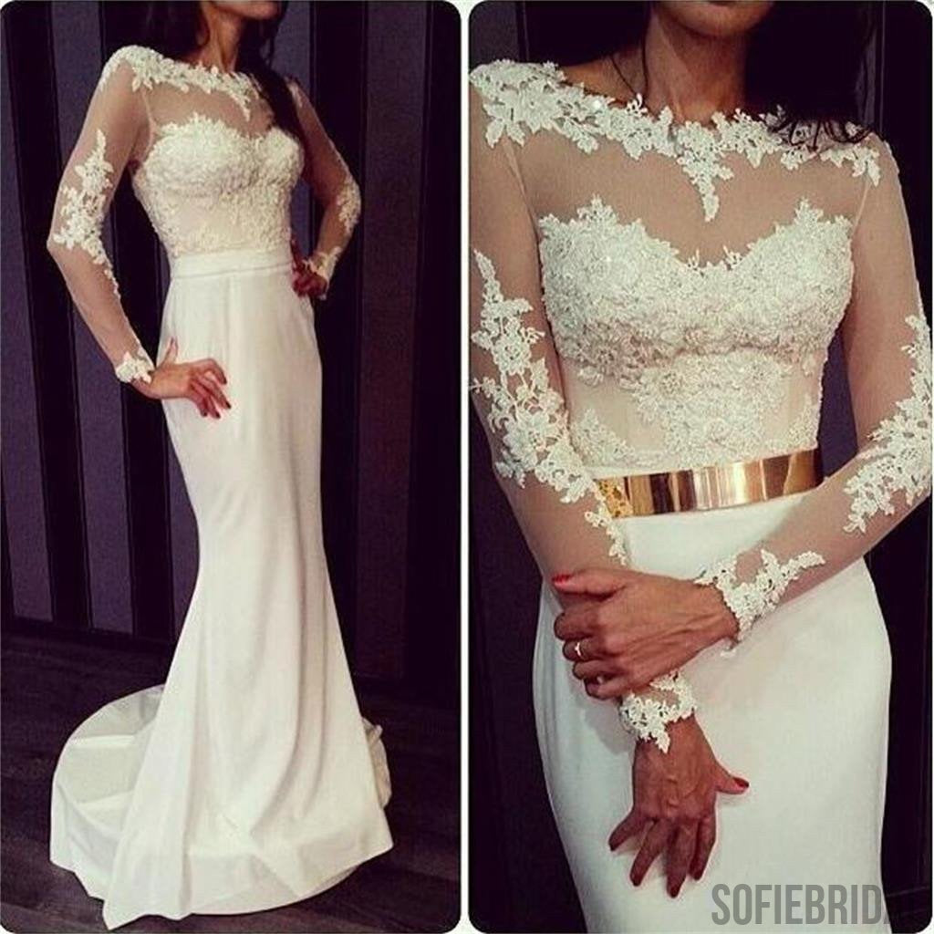 Popular Round Neck White Lace Jersey Long Sleeve Mermaid Prom Dresses SofieBridal Popular Round Neck White Lace Jersey Long Sleeve Mermaid Prom Dresses SofieBridal