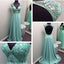 Elegant Beaded Green Rhinestone Open Back Long A-line Chiffon Prom Dresses, PD0525