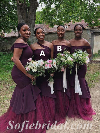 Mismatched Elegant Soft Satin And Tulle Sleeveless Mermaid Floor Length Bridesmaid Dressses,SFWG00478