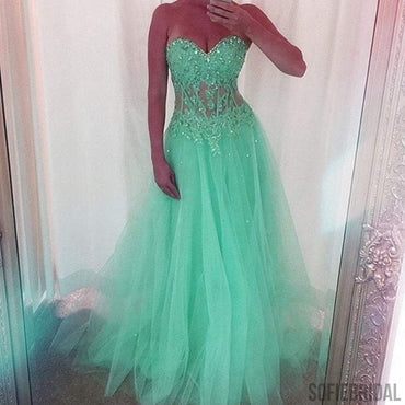 Sweetheart Long A-line Green Tulle Sheer Rhinestone Long Prom Dresses, PD0577