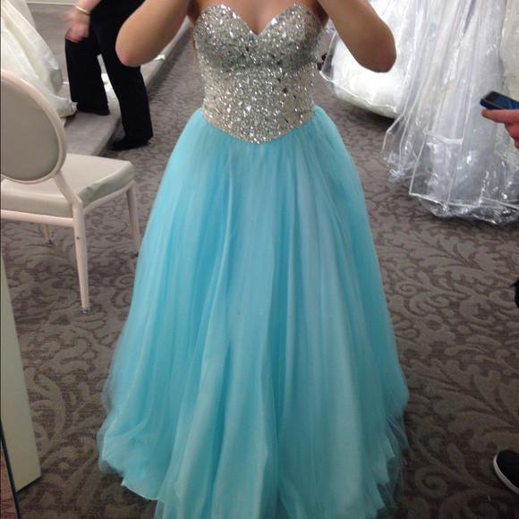 Sweetheart Sparkle Rhinestone Beaded Long A-line Blue Tulle Party Prom Dresses, PD0580