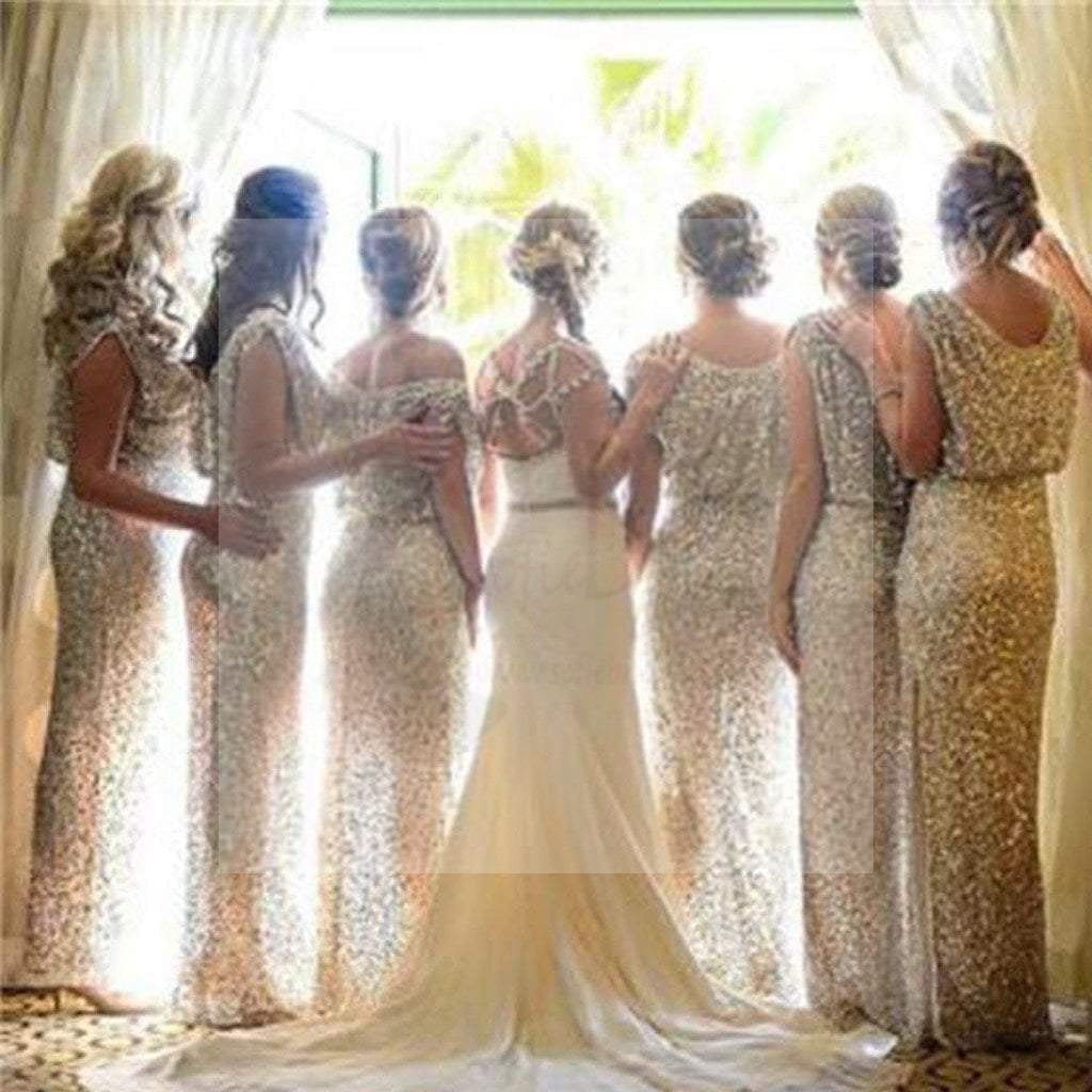 Popular Sparkly Bling Sequin Long On Sale Wedding Guest Dresses Formal Charming Bridesmaid Dresses, WG29