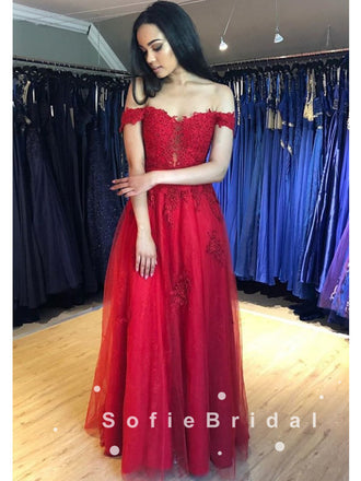 A-Line Off The Shoulder Red Tulle Floor Length Prom Dresses With Lace,SFPD0028