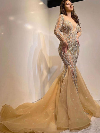 Sexy V-neck Mermaid Long Sleeve Tulle Long Prom Dresses,SFPD0123