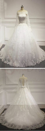 Straight Neck Long Sleeve White Lace Beaded Wedding Party Dresses, WD0029