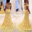 Off Shoulder Yellow Lace Long Mermaid Sheer Long Prom Dresses, PD0545