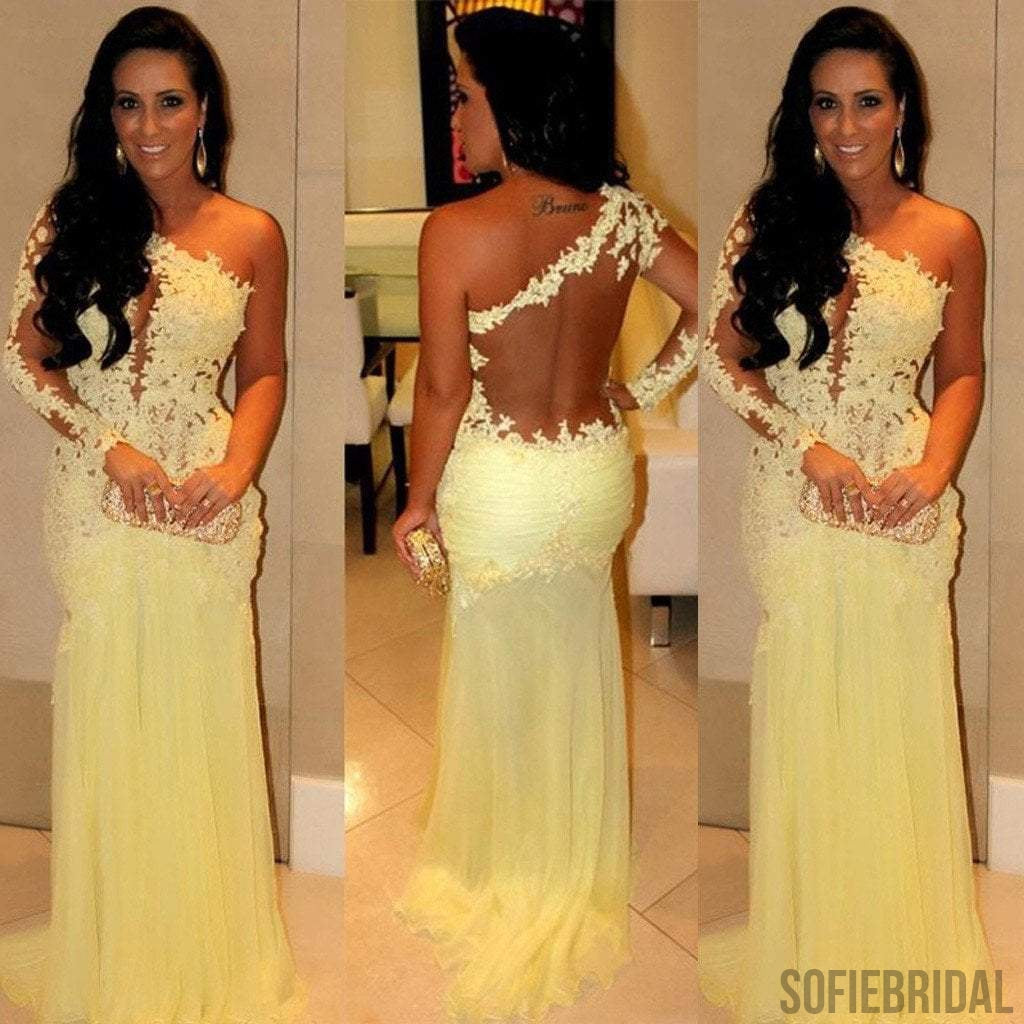 One Shoulder Sexy Sheer Yellow Lace Long Mermaid Chiffon Prom Dresses, PD0546