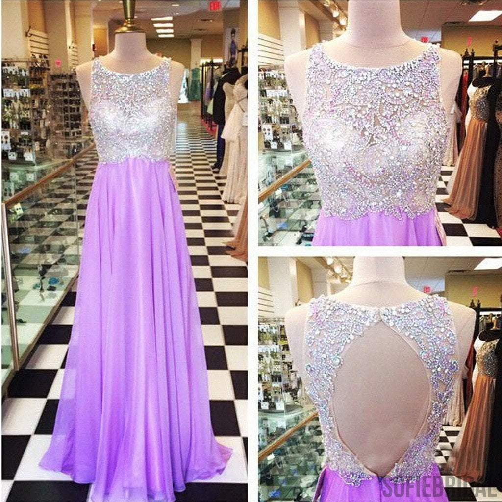 Round Neck Rhinestone Beaded Light Purple Long A-line Chiffon Prom Dresses, PD0553