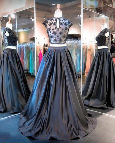 Two Pieces Black Beaded Satin Cap Sleeve Long A-line Prom Dresses, PD0582