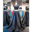 Two Pieces Black Beaded Satin Cap Sleeve Long A-line Prom Dresses, PD0582