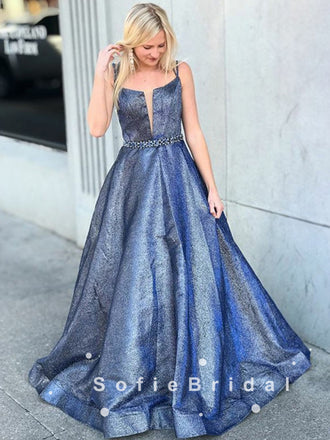 A-Line Spaghetti Straps Custom Long Prom Dresses With Beading,SFPD0029