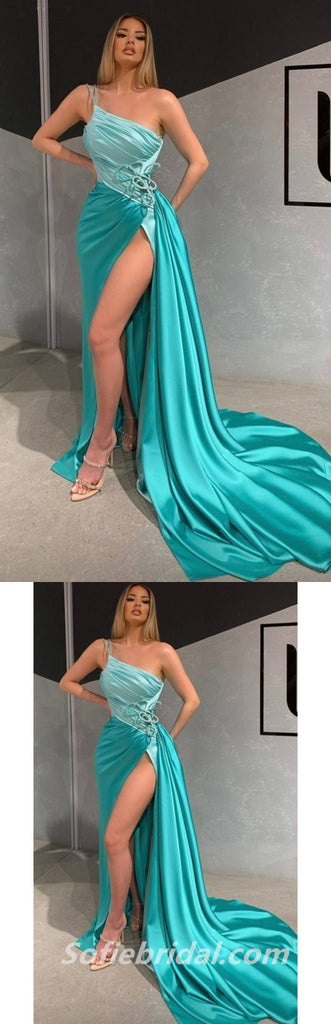 Sexy Satin One Shoulder Sleeveless Mermaid Side Slit Long Prom Dresses With Pleats,SFPD0330
