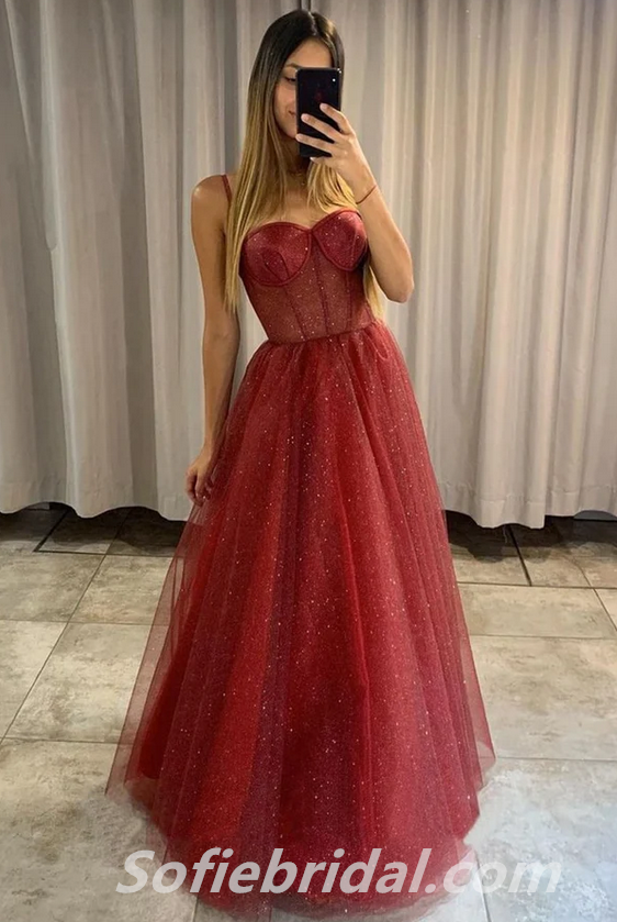 Sexy Sequin Tulle Spaghetti Straps Sleeveless Side Slit A-Line Long Prom Dresses,SFPD0297