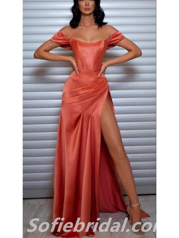 Sexy Satin Off Shoulder Sleeveless Mermaid Side Slit Long Floor Length Prom Dresses With Pleats,SFPD0244