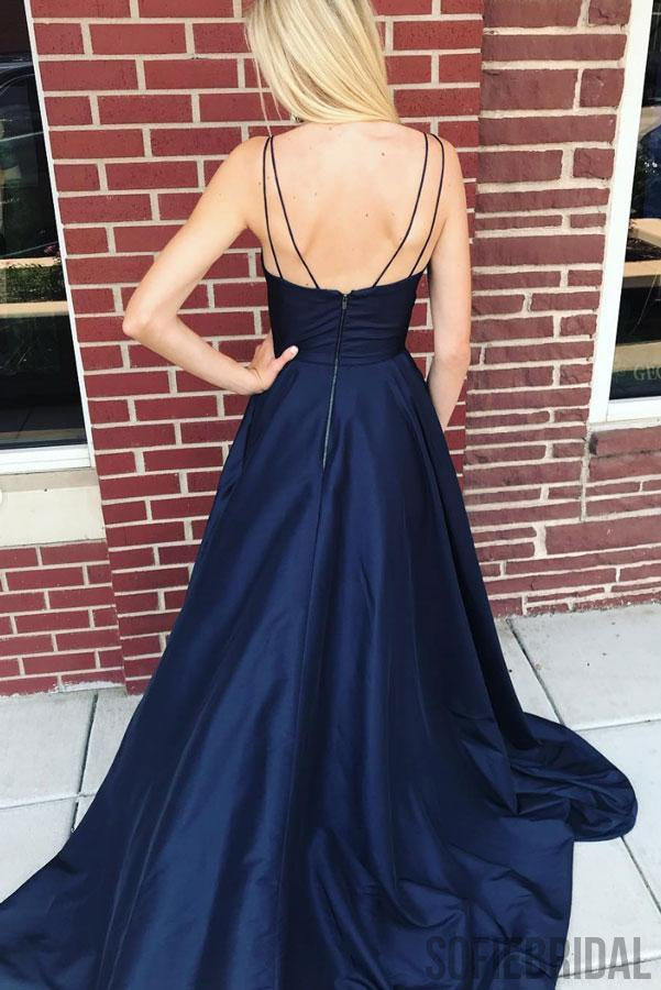 Newest Dark Blue Backless Prom Dresses With Split, PD0990