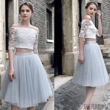 2 pieces Lace Top Half Sleeve Light Grey Tulle Skirt Homecoming Dresses, Popular Homecoming Dresses, SF0087