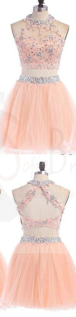 Sexy Two pieces Peach Halter Lace Tulle Homecoming Dresses, SF0026
