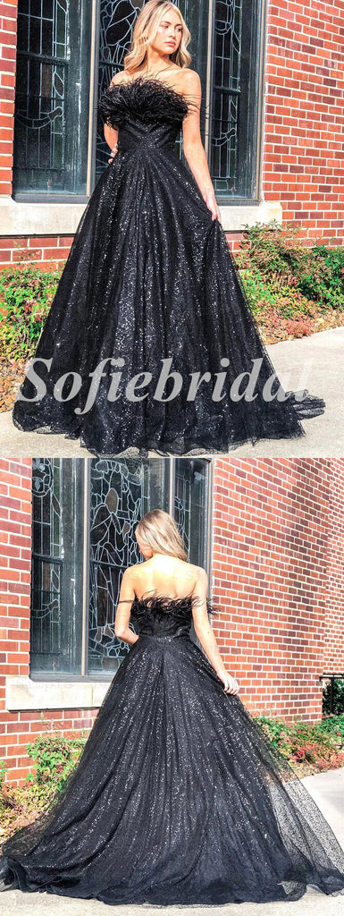 Sexy Black Sequin Tulle Sweetheart Sleeveless A-Line Long Prom Dresses,SFPD0628