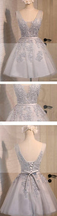 Off shoulder Grey lace Cute Tulle homecoming prom dresses, CM0023