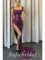 Sexy Grape Sequin Off Shoulder Square Sleeveless Side Slit Mermaid Long Prom Dresses,SFPD0636