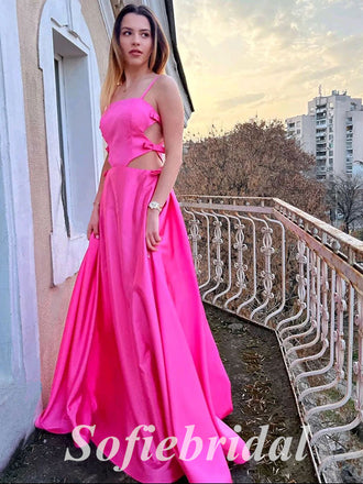 Sexy Satin Spaghetti Straps Sleeveless A-Line Long Prom Dresses, PD0837