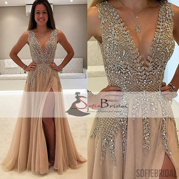 V-neck Rhinestone Beaded Long Side Slit Prom Dresses, New Arrival Prom Dress, Prom Dresses, PD0432