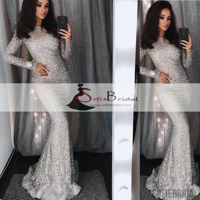 Long Sleeve Silver Sequin Mermaid Long Sleeve Prom Dresses, Sparkle Prom Dresses, PD0459