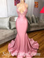 Sexy Blush Satin Halter Sleeveless Mermaid Long Prom Dresses With Applique,SFPD0426
