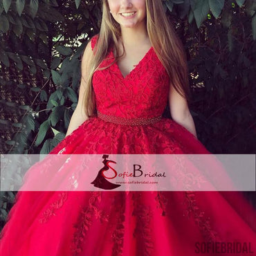 V-neck Red Lace Beaded Prom Dresses, A-line Elegant Prom Dresses, Prom Dresses, PD0397
