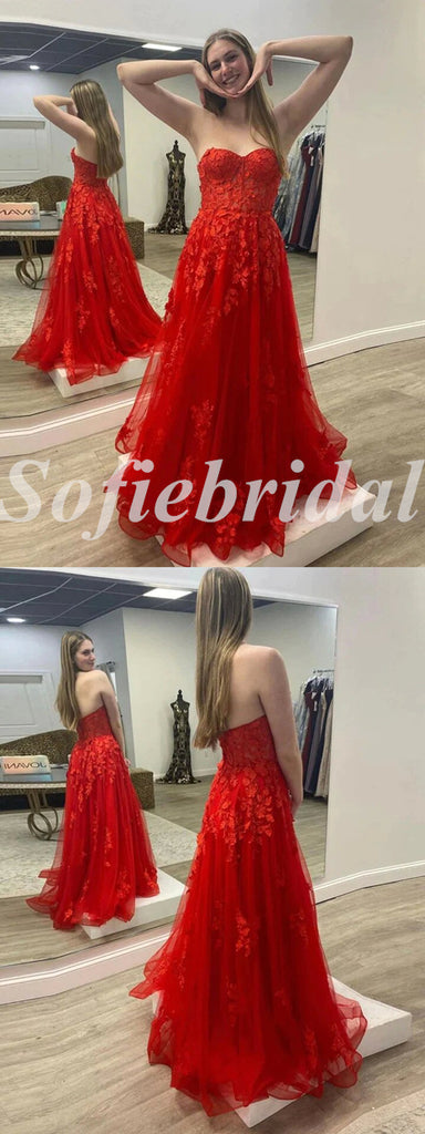 Sexy Sexy Tulle And Lace Sweetheart Sleeveless A-Line Long Prom Dresses,SFPD0736