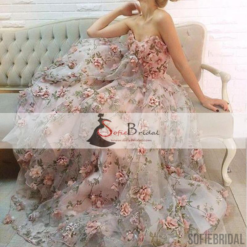 Floral Sweetheart A-line Prom Wedding Dresses, Popular Prom Dresses, Evening Dresses, PD0375