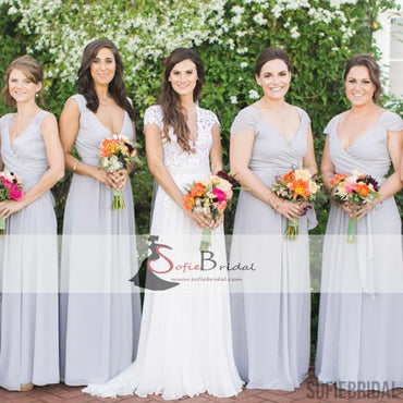 Light Grey Chiffon Bridesmaid Dresses, Cap Sleeve Side Slit Bridesmaid Dresses, PD0484