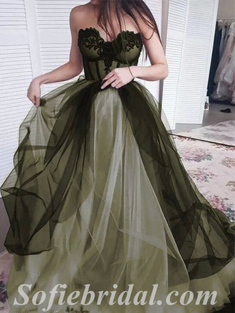 Elegant Tulle Sweetheart V-Neck Sleeveless A-Line Long Prom Dresses With Applique,SFPD0602