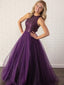 A-Line Scoop Neck Tulle Long Prom Dresses,SFPD0092